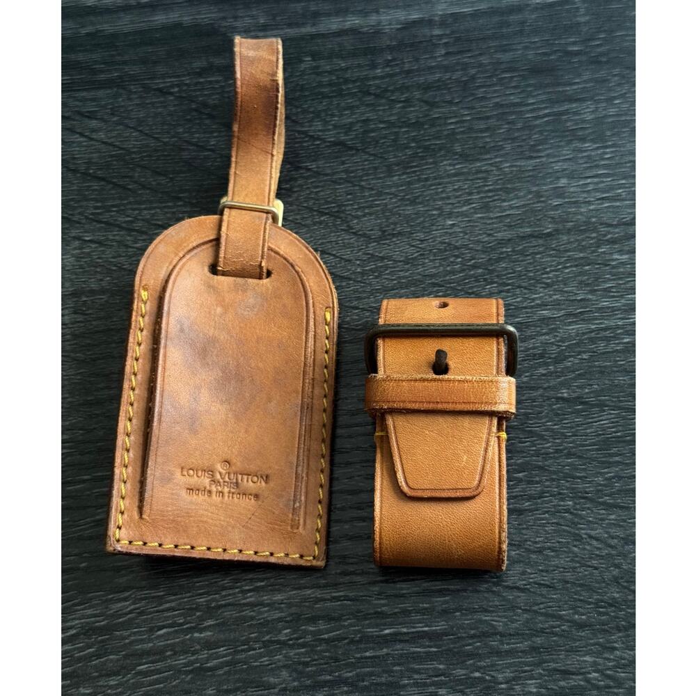 Authentic Louis Vuitton‎ Vachetta Leather Name Luggage Tag And Poignet Set SN926